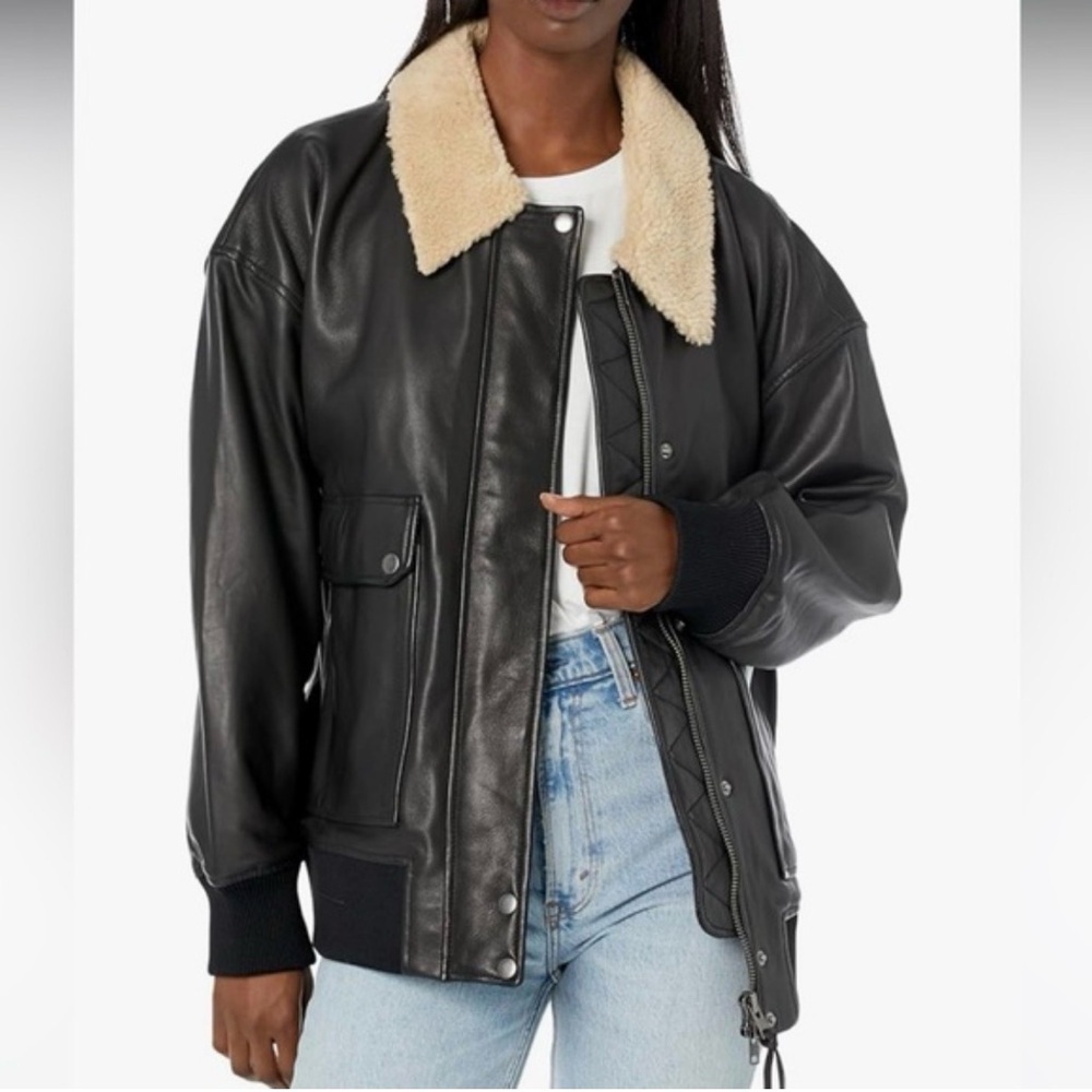 Hudson Womens Oversized Faux Leather Bomber Jacket Medium Black Shearling Edgy